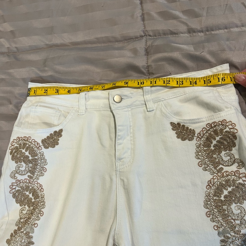Women's Embroidered White and Gold Jeans - Picture 3 of 8